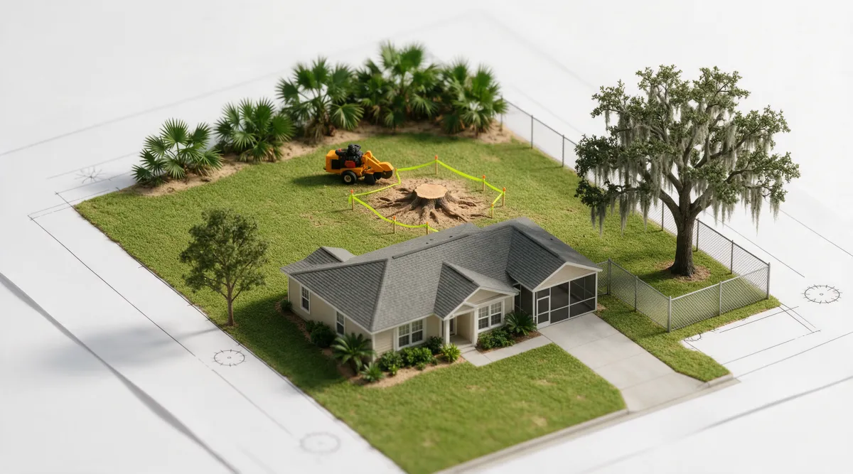 Illustration: a miniature model of a Florida home lot on a survey sheet, with a large tree stump in the back yard ringed by lime flagging tape and a small yellow stump grinder beside it