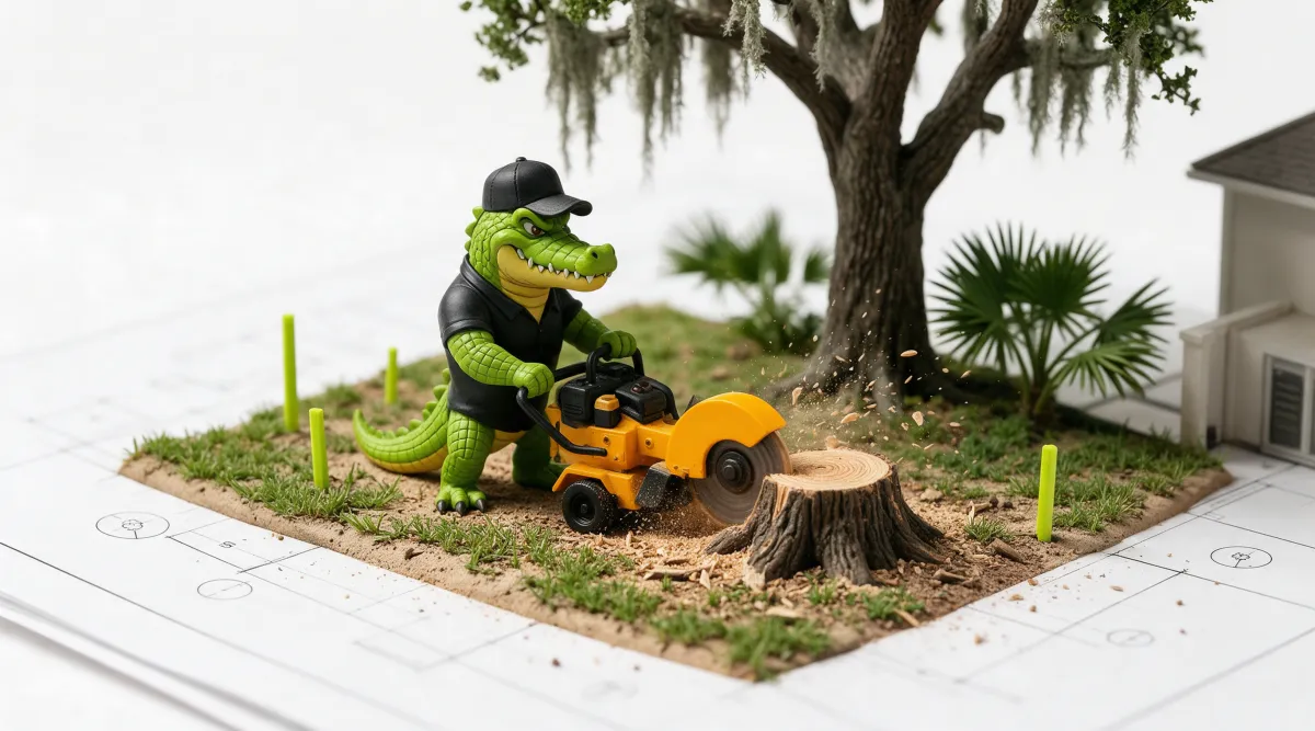 Illustration: the Gone Stumpin alligator mascot in a black cap and shirt running a yellow walk-behind stump grinder into a stump, wood chips spraying