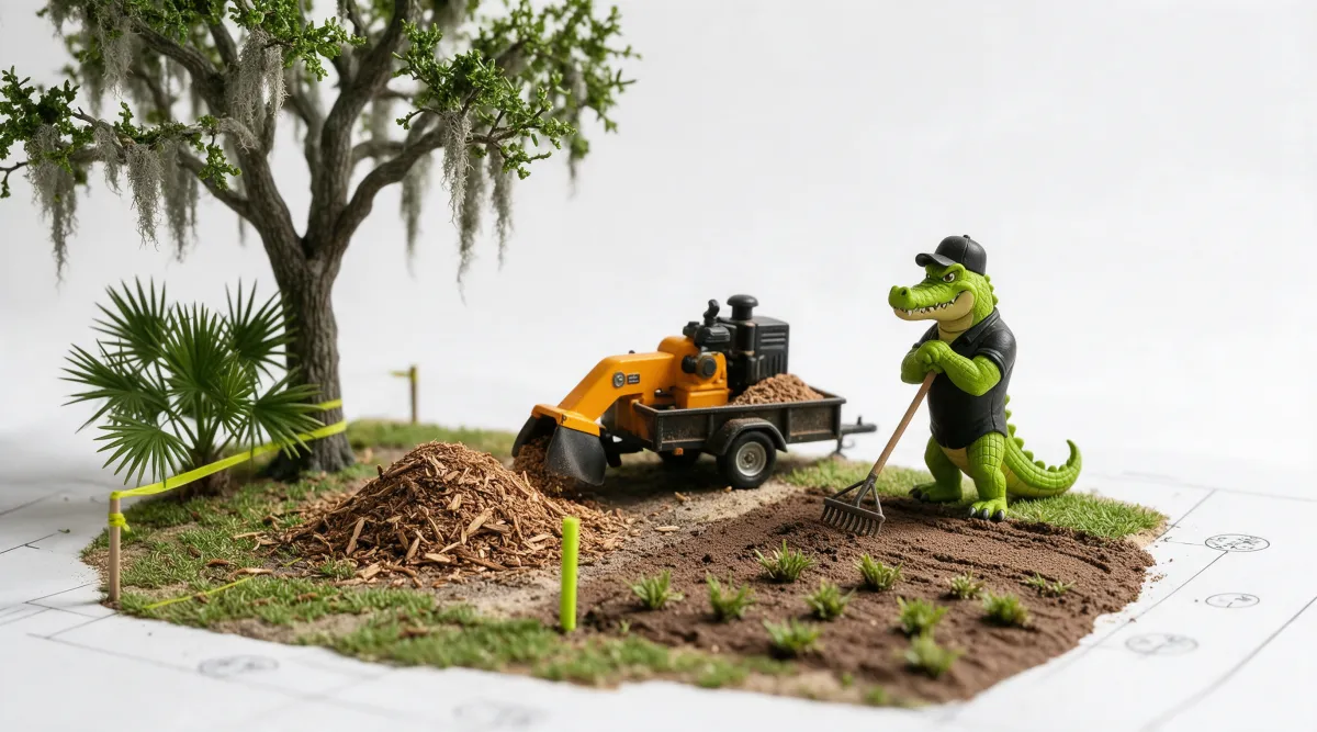Illustration: where the stump stood, a mound of fresh wood grindings, a small trailer half loaded with grindings, and a raked patch with new grass plugs; the alligator mascot leans on a rake
