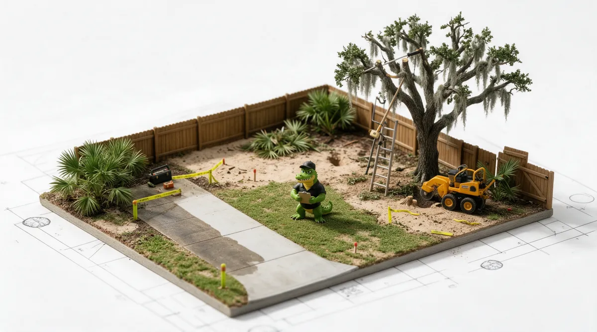Illustration: a miniature lot with a cleared corner, a ladder and pole saw at a live oak, a driveway half power-washed, a fence gate being rehung, and the alligator mascot holding a clipboard