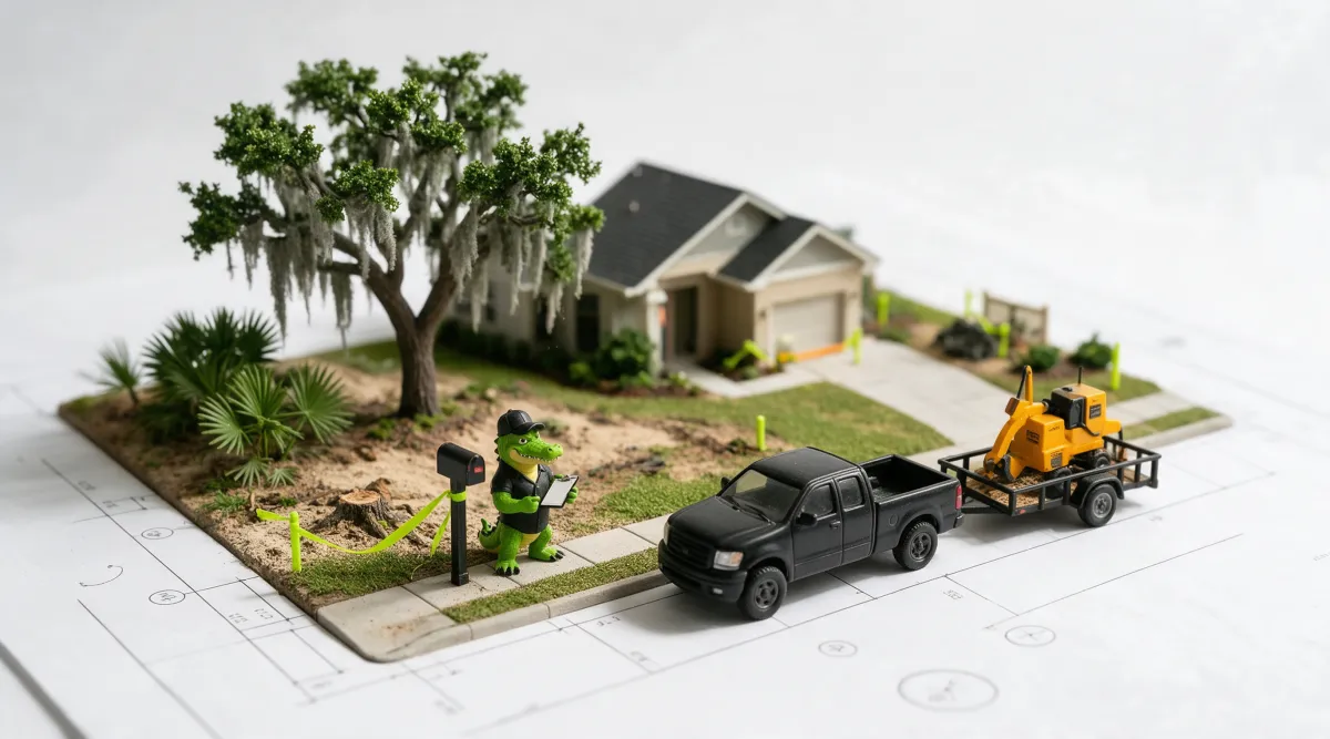 Illustration: the alligator mascot with a clipboard at a mailbox, a black pickup truck and trailer carrying the yellow stump grinder at the curb